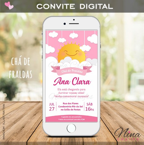 Convite Digital Chá de Fraldas Raio de Sol Rosa