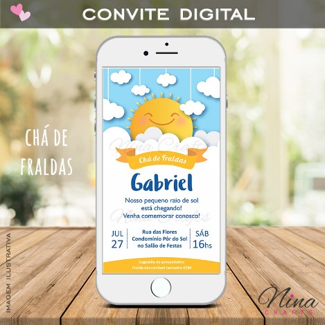 Convite Digital Chá de Fraldas Raio de Sol Azul